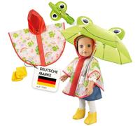 Heless 672 - Set antipioggia per bambole con rana Carlo con ombrello, mantello antipioggia e stivali, per bambole da 35-45 cm