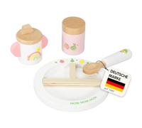 Heless 680 mangiatoie per bambole a forma di frutta sfacciata, rosa e bianco, in legno, set da 4 pezzi con piatto, cucchiaio, tazza con beccuccio e bicchiere per pappa