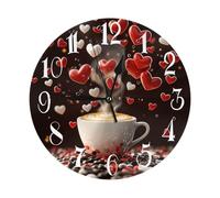 Helhappy Orologio da parete da 25,4 cm, silenzioso, senza ticchettio, a batteria, tazza da caffè, cuori, tema romantico, in PVC, per casa, soggiorno, ufficio, scuola, cucina, camera da letto