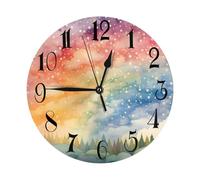 Helhappy Orologio da parete da 25,4 cm, silenzioso, senza ticchettio, funzionamento a batteria, con stelle arcobaleno e alberi nella foresta, in PVC, per casa, soggiorno, ufficio, scuola, cucina