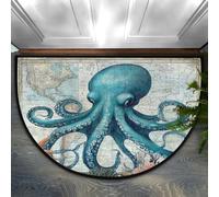 Helhappy Zerbino mezzo rotondo 58,4 cm x 91,4 cm, vintage, motivo polpo oceano e mappa del mondo, antiscivolo, tappeto per interni per cucina, camera da letto, bagno, camino