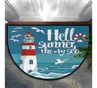 Helhappy Zerbino mezzo rotondo 58,4 x 91,4 cm, acquerelli con faro di gabbiano tema nautico con stampa cartone animato come stampa antiscivolo mezzo cerchio tappeto per interni tappeto per cucina