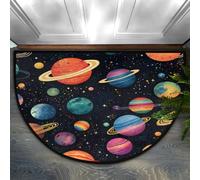 Helhappy Zerbino mezzo rotondo 58,4 x 91,4 cm, motivo universo spaziale con cartoni animati, antiscivolo, tappeto per interni per cucina, camera da letto, bagno, camino