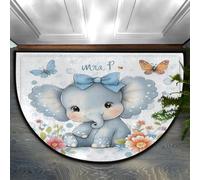 Helhappy Zerbino mezzo rotondo 58,4 x 91,4 cm, simpatico elefante e fiori in stile cartone animato, antiscivolo, tappeto per interni per cucina, camera da letto, bagno, camino