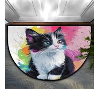 Helhappy Zerbino mezzo rotondo 58,4 x 91,4 cm, simpatico gatto cartone animato gattino divertente colorato motivo animale antiscivolo mezzo cerchio tappeto tappeto per interni per cucina, camera da