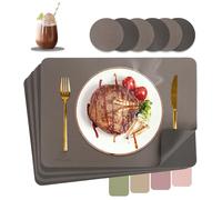 HELI MIAO Tovagliette lavabili, lavabili, in pelle, resistenti al calore, set da 6 tovagliette, effetto pelle con sottovaso, tovagliette dorate e marrone scuro