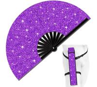 Helilyco Ventaglio pieghevole glitterato per festival, raves e feste, 35° 65 cm, in ABS, ventola di raffreddamento portatile con fondina per cintura, rosa/viola/argento/nero/blu/oro