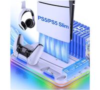 HELLCOOL Supporto per PS5 con ventola PS5, supporto PS5 per tutti i dischi PS5/edizione digitale/PS5 Slim, stazione di ricarica controller/supporto per cuffie/archiviazione per 15 giochi, accessori pe