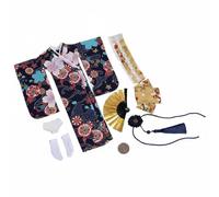 Hellery Kimono per Bambola Costume Tradizionale 1/6 Completo con Ventaglio Cordone Calzini Motivi Floreali Tessuto Che Tiene La Forma Adatto per Diorami , Lungo , D