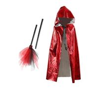 Hellery Mantello con Cappuccio per Bambini, Costume da Mago, Set Completo di Accessori per Feste con Scopa, Adatto per Il Tema di Halloween, Rosso