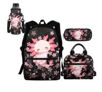 HELLHERO Set 4 in 1 per bambini con borsa per il pranzo, astuccio per bottiglia d'acqua, Axolotl 2 dei fiori di ciliegio, Zaino daypack