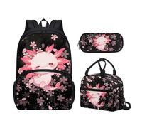 HELLHERO Set di 3 zaini per la scuola per bambini con zaino per ragazze e ragazzi con astuccio per il pranzo, Cose per la scuola, Axolotl 2 dei fiori di ciliegio, medium