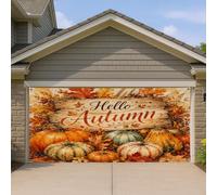 Hello Autumn Copertura per porta del garage, decorazione rustica a forma di zucca, arancione caldo e verde, decorazioni autunnali per interni ed esterni, sfondo per feste autunnali stagionali, 400 x