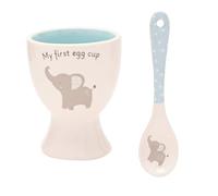 Hello Baby - Set portauovo e cucchiaio, 2 pezzi, in ceramica, motivo elefante, colore: blu