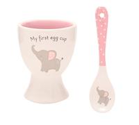 Hello Baby - Set portauovo e cucchiaio, 2 pezzi, rosa, in ceramica, motivo elefante, perfetto come regalo per il primo uovo