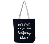 hello-bags "BELIEVE Borsa tote bag in tela con cerniera, fodera e tasca interna. Include una busta regalo kraft. Colore: Écru/Nero. 37x38 cm. Donna