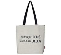 Hello-Bags. Borsa a spalla. Esterno: 100% cotone. Con cerniera, fodera e tasca interna. Include busta regalo kraft. Modello "LAMUJERFELIZ". Colore: Écru/Nero. Misure: 37x38 cm
