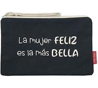 Hello-Bags. Necessaire/Pochette. Esterno: 100% cotone. Con cerniera interna e fodera. Include una bella busta regalo kraft. Modello "LAMUJERFELIZ". Colore: Écru/Nero. Misure:23x15,5 cm.