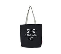 hello-bags "SHE IS Borsa tote bag in tela con cerniera, fodera e tasca interna. Include una busta regalo kraft. Colore: Écru/Nero. 37x38 cm. Donna