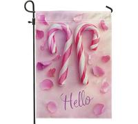 Hello Candy Cane Bandiera da Giardino, Bandiere decorative per portico con canna di zucchero pesco, bandiera per esterni su entrambi i lati, per vacanze invernali, cartello festivo per esterni