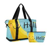 Hello Cartoon carino giallo banana grande borsa da palestra Carry On Weekend Bag con borsa da toilette per viaggi di lavoro pieghevole, Hello Cartoon carino banana gialla, 1 dimensione, Ciao Cartoon
