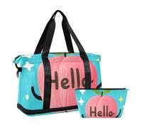 Hello Cartoon Carino Rosa Pesca Grande Borsa Sportiva Duffel Borse con Cinghia Regolabile per Viaggio Multifunzionale, Ciao Cartoon carino pesca rosa, 1 size