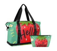 Hello Cartoon Carino Rosso Fragola Viaggio Tote Borsa da Palestra Grande Carry On Airport Borsa con Borsa da Toilette per Aereo Viaggio 2 Pz Set, Ciao Cartone Animato Carino Fragola Rossa, Taglia