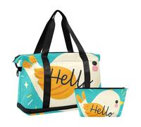 Hello Cartoon carino uccello bianco grande borsa da viaggio Carry On Tote Bag con borsa da toilette per viaggio set da 2 pezzi, Ciao Cartoon carino uccello bianco, 1 size