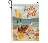Hello Fall - Bandiera da giardino con tartaruga marina marrone con remi gialli, decorazione per esterni, striscione autunnale stagionale su entrambi i lati, decorazione per la casa in stile spiaggia