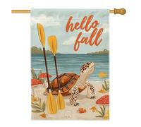 Hello Fall - Bandiera da giardino con tartaruga marina marrone con remi gialli, decorazione per esterni, striscione autunnale stagionale su entrambi i lati, decorazione per la casa in stile spiaggia