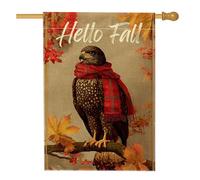 Hello Fall - Bandiera da giardino rustica marrone con sciarpa scozzese rossa, decorazione autunnale per esterni, striscione in iuta su entrambi i lati per la decorazione della casa del Ringraziamento