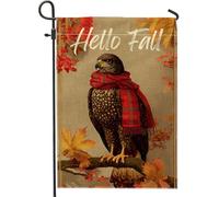 Hello Fall - Bandiera da giardino rustica marrone con sciarpa scozzese rossa, decorazione autunnale per esterni, striscione in iuta su entrambi i lati per la decorazione della casa del Ringraziamento