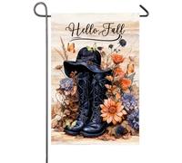 Hello Fall Boots Autumn Flowers Black Western Cowboy Hat Boots Bandiere Verticale Colore Vivido Bandiere Durevole Bandiera Per Esterno Decorazione Casa 30X45Cm