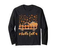 Hello Fall Camicia Divertente Halloween Zucca Buffalo Plaid Camion Maglia a Manica