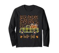Hello Fall Camicia Divertente Halloween Zucca Buffalo Plaid Camion Maglia a Manica
