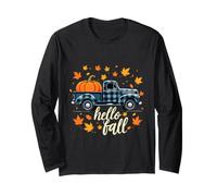 Hello Fall Camicia Divertente Halloween Zucca Buffalo Plaid Camion Maglia a Manica