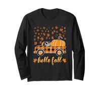 Hello Fall Camicia Divertente Halloween Zucca Buffalo Plaid Camion Maglia a Manica