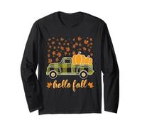 Hello Fall Camicia Divertente Halloween Zucca Buffalo Plaid Camion Maglia a Manica