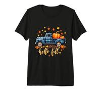 Hello Fall Camicia Divertente Halloween Zucca Buffalo Plaid Camion Maglietta Premium