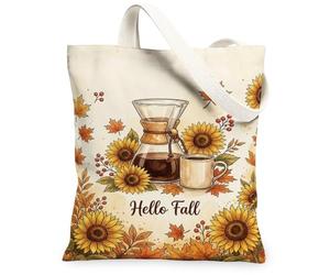 Hello Fall Coffee Sunflower Quote Autumn Canvas Tote Bag 33 x 38 cm, Beige, 13x15 Inch