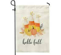 Hello Fall Harvest - Bandiera da giardino con zucca arancione, caramelle e mais, decorazione per la casa, in iuta su entrambi i lati, decorazione autunnale per prato, bandiera stagionale per esterni