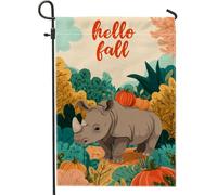 Hello Fall Rhino Garden Flag, Cute Animal Pumpkin Decor, Autumn Theme Banner, Outdoor Lawn Decoration for Home, Double Sided Juta Style 30,5 x 45,7 cm