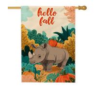 Hello Fall Rhino Garden Flag, Cute Animal Pumpkin Decor, Autumn Theme Banner, Outdoor Lawn Decoration for Home, Double Sided juta Style 71 x 101 cm
