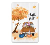 Hello Fall Sign Orange Farm Truck Targa in metallo zucca gnomo foglia d'acero cartello in latta segno del Ringraziamento cartello da appendere novità vassoio a più livelli decorazione per fattoria