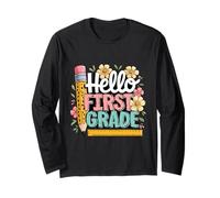 Hello First Grade Camicia Floreale Leopard Matita Righello Scuola Maglia a Manica