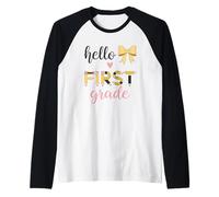 Hello First Grade matita cuore fiocco design Maglia con Maniche Raglan