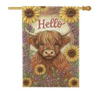 Hello Floral Garden Flag, bandiera marrone Highland mucca girasole decorazione per la casa, bandiera su entrambi i lati in iuta da cortile decorazione stagionale per prato esterno 71 x 101 cm
