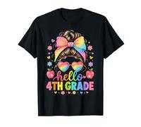Hello Fourth Grade Rainbow Messy Bun Teacher Back To School Maglietta