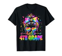 Hello Fourth Grade Rainbow Messy Bun Teacher Back To School Maglietta