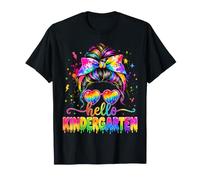 Hello Kindergarten Rainbow Messy Bun Teacher Back To School Maglietta